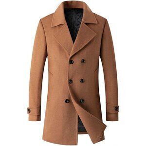 Men's Brown Winter Coat Wool  Casual Double Breasted Long Pea Topcoat